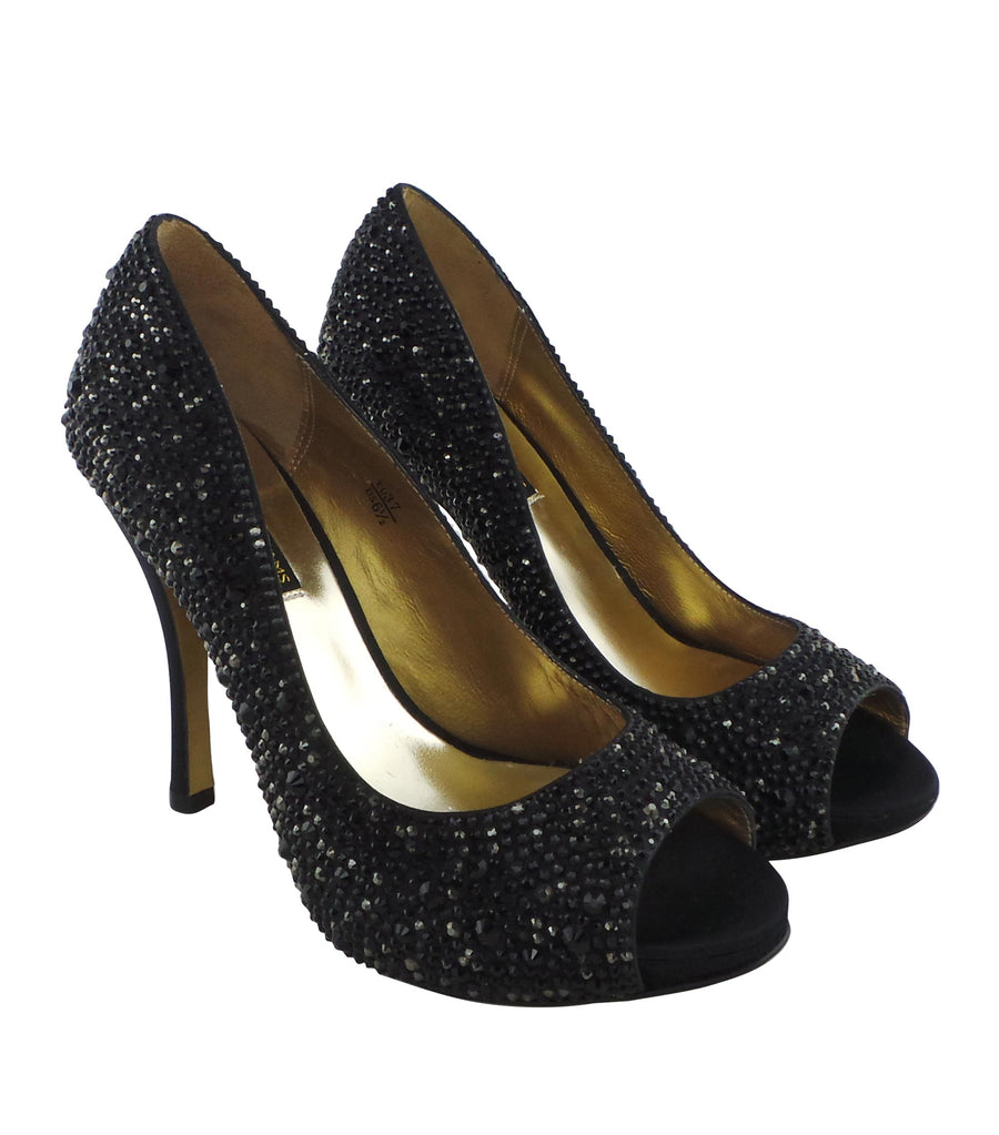 Benjamin Adams Athens black jewel-encrusted peep toe pumps. Stunning crystal details, and elegant satin finish. Perfect for special occasions