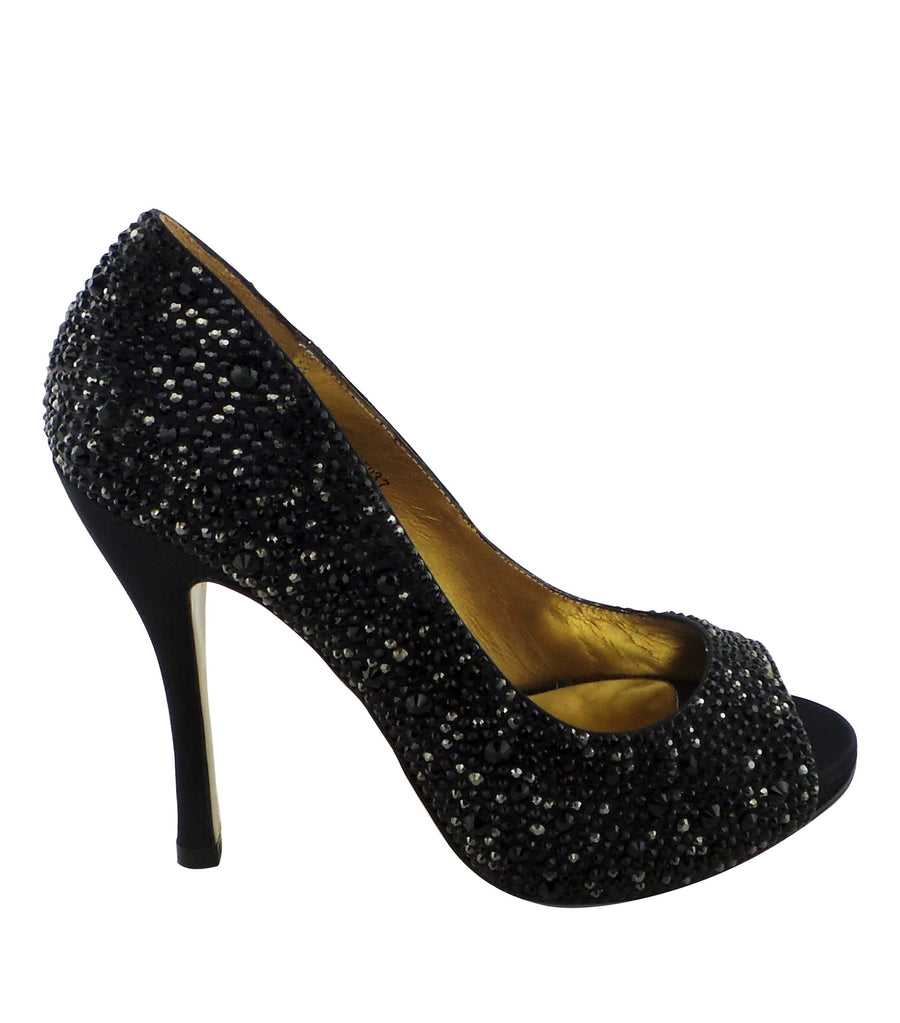 Benjamin Adams Athens black jewel-encrusted peep toe pumps. Stunning crystal details, and elegant satin finish. Perfect for special occasions