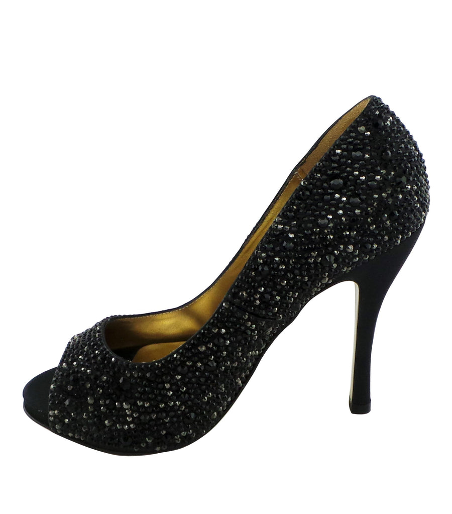 Benjamin Adams Athens black jewel-encrusted peep toe pumps. Stunning crystal details, and elegant satin finish. Perfect for special occasions