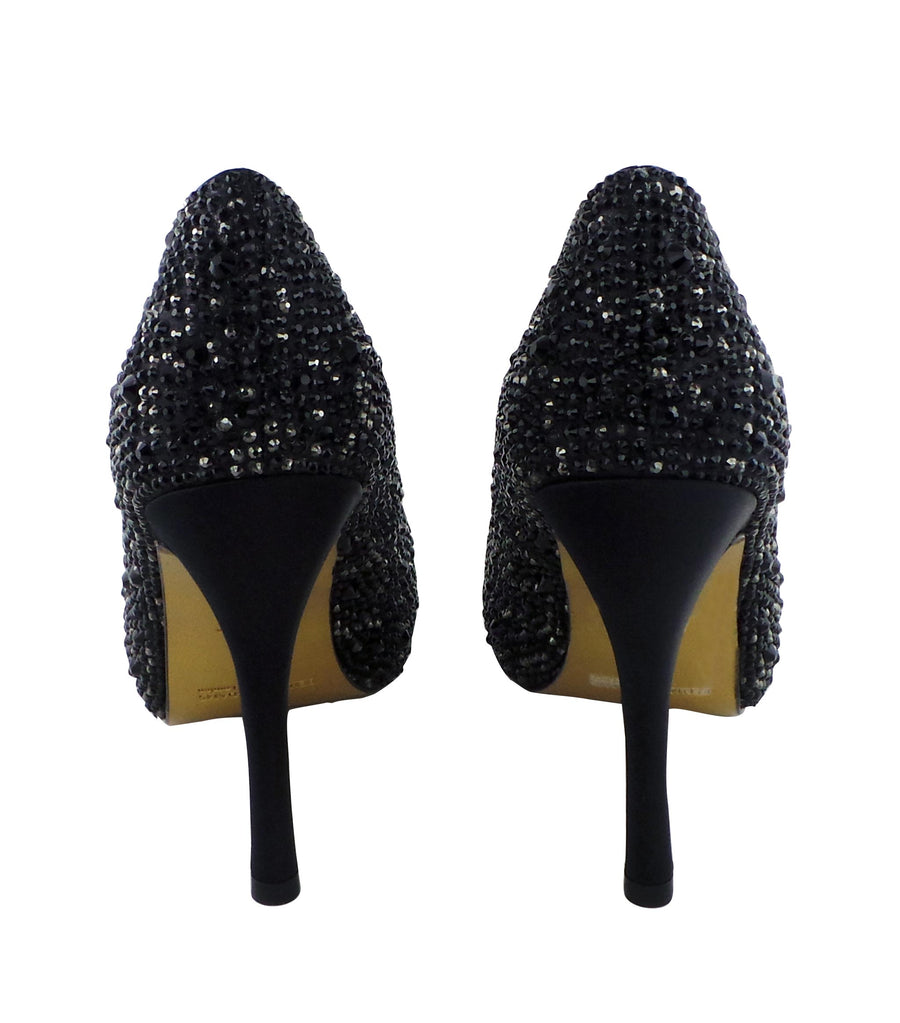 Benjamin Adams Athens black jewel-encrusted peep toe pumps. Stunning crystal details, and elegant satin finish. Perfect for special occasions