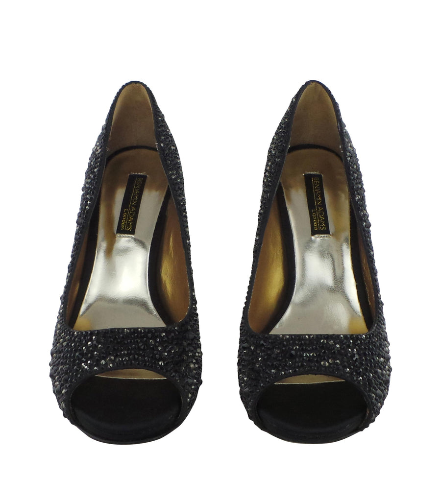 Benjamin Adams Athens black jewel-encrusted peep toe pumps. Stunning crystal details, and elegant satin finish. Perfect for special occasions