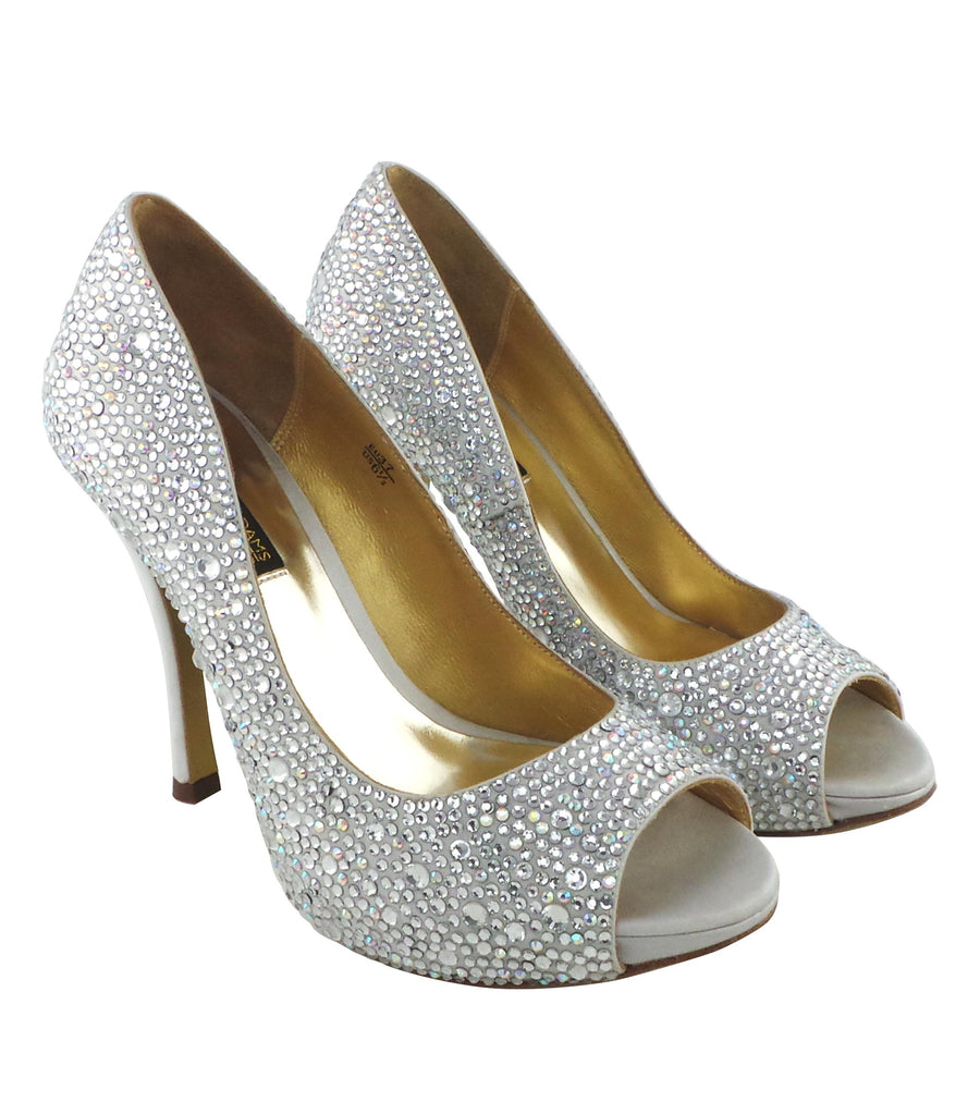 Benjamin Adams Athens silver jewel-encrusted peep toe pumps. Featuring dazzling crystals, and a satin finish. Perfect for elegant occasions