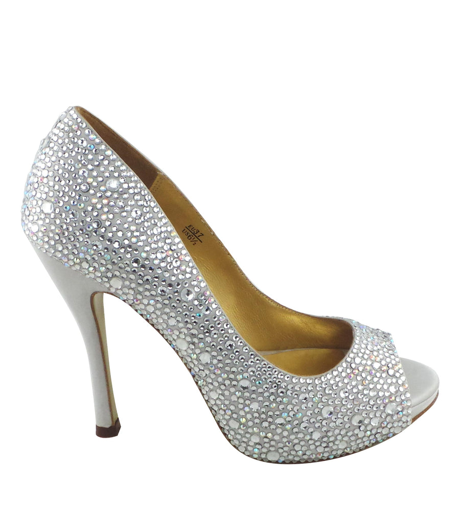 Benjamin Adams Athens silver jewel-encrusted peep toe pumps. Featuring dazzling crystals, and a satin finish. Perfect for elegant occasions