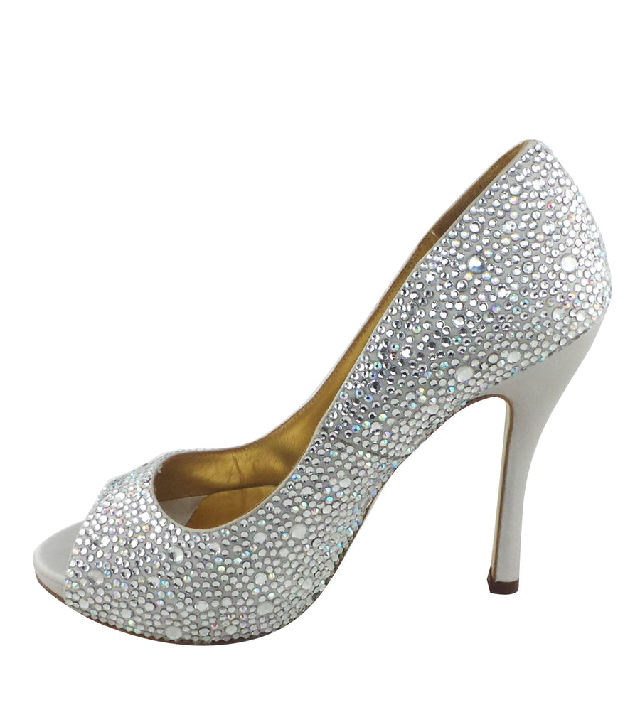 Benjamin Adams Athens silver jewel-encrusted peep toe pumps. Featuring dazzling crystals, and a satin finish. Perfect for elegant occasions