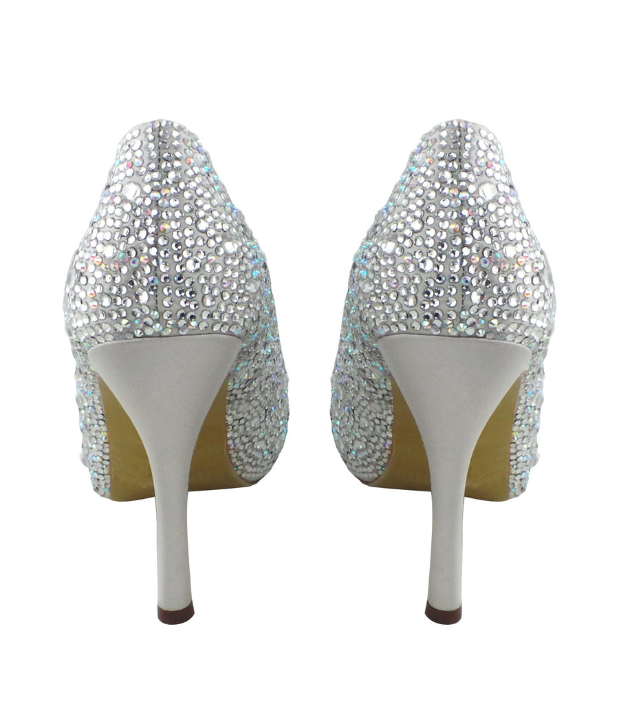 Benjamin Adams Athens silver jewel-encrusted peep toe pumps. Featuring dazzling crystals, and a satin finish. Perfect for elegant occasions