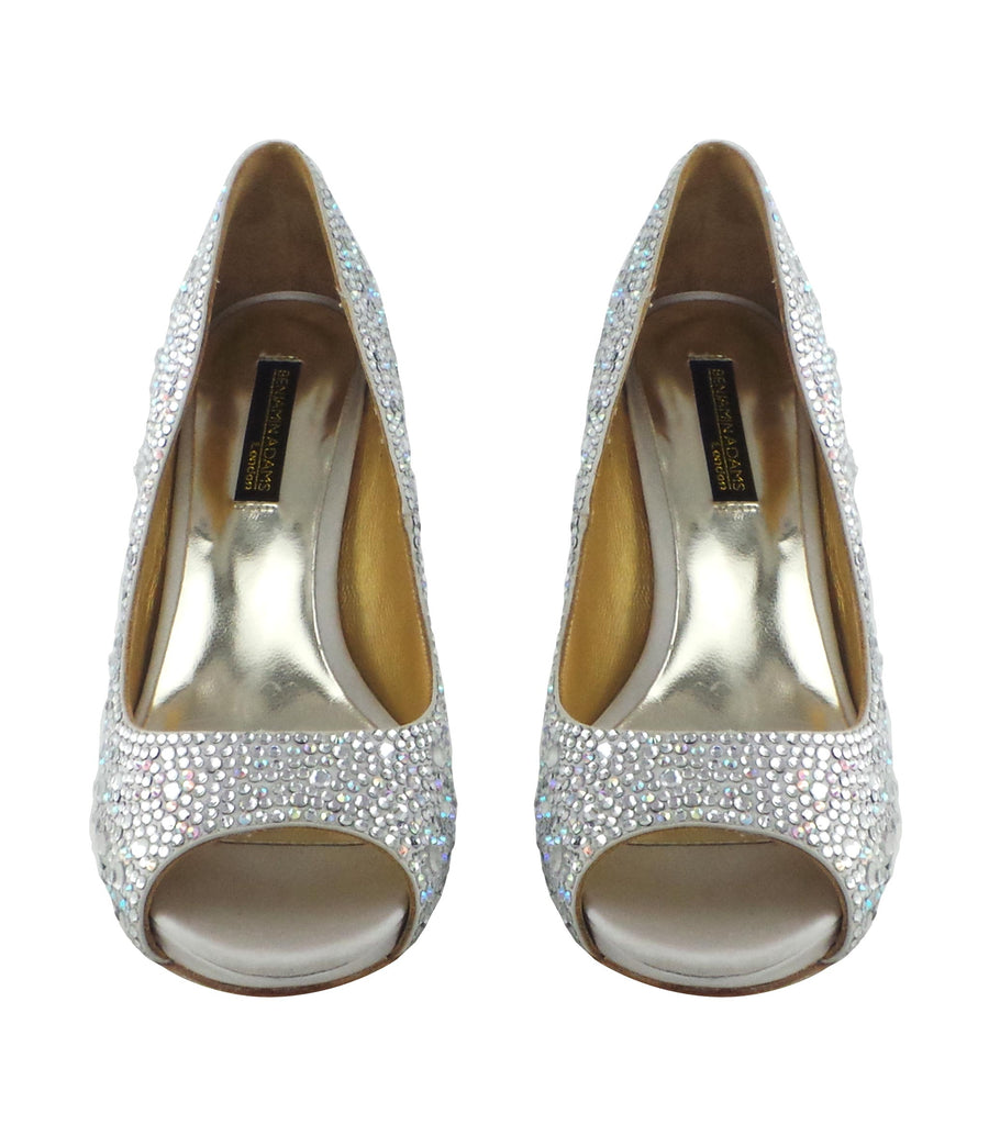 Benjamin Adams Athens silver jewel-encrusted peep toe pumps. Featuring dazzling crystals, and a satin finish. Perfect for elegant occasions