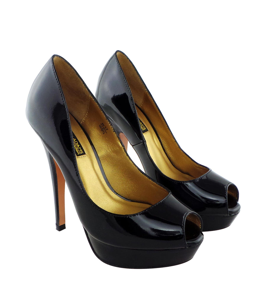 Benjamin Adams Anaheim black patent leather peep toe pumps. Featuring a sleek design, and luxurious finish. Perfect for any occasion