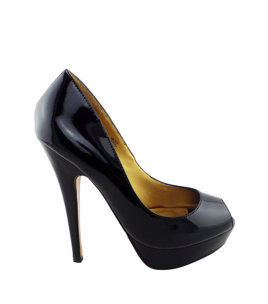 Benjamin Adams Anaheim black patent leather peep toe pumps. Featuring a sleek design, and luxurious finish. Perfect for any occasion