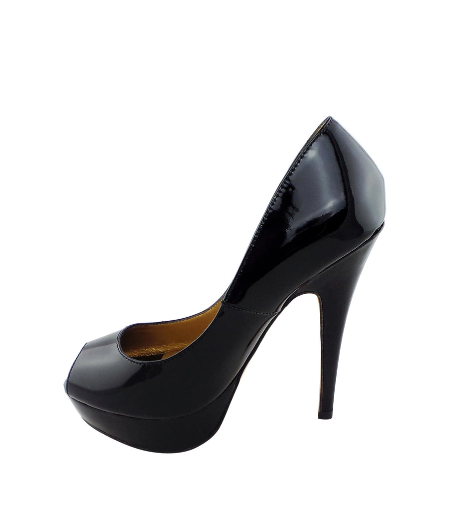 Benjamin Adams Anaheim black patent leather peep toe pumps. Featuring a sleek design, and luxurious finish. Perfect for any occasion