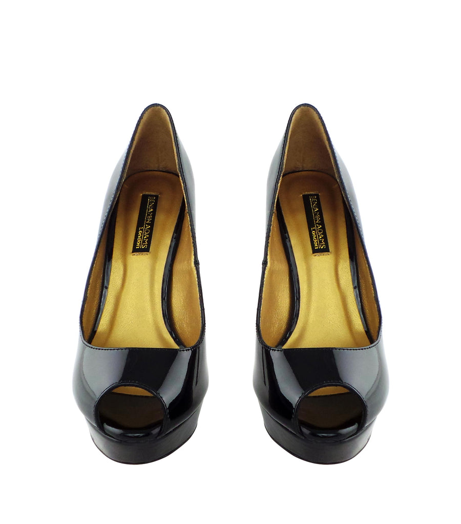 Benjamin Adams Anaheim black patent leather peep toe pumps. Featuring a sleek design, and luxurious finish. Perfect for any occasion