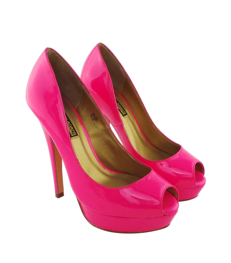 Benjamin Adams Anaheim fuchsia patent leather peep toe pumps. Featuring a sleek design, 5-inch heel, and vibrant color. Perfect for any special occasion!