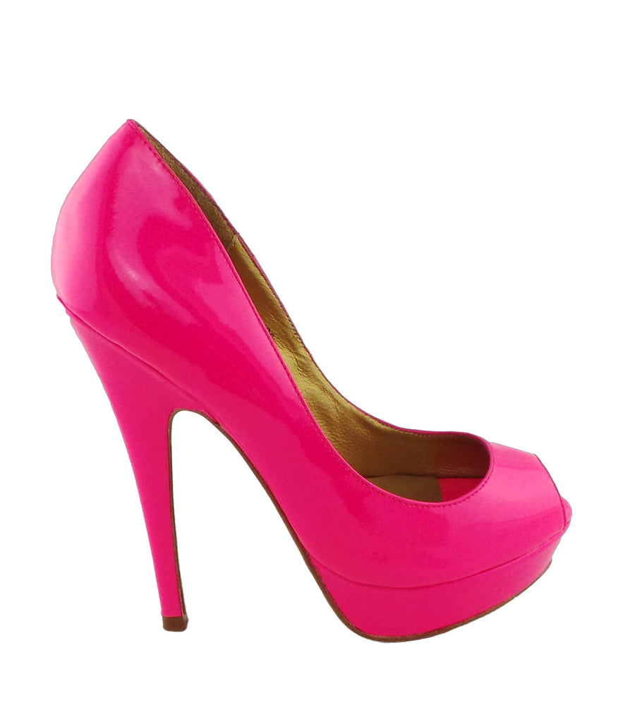 Benjamin Adams Anaheim fuchsia patent leather peep toe pumps. Featuring a sleek design, 5-inch heel, and vibrant color. Perfect for any special occasion!