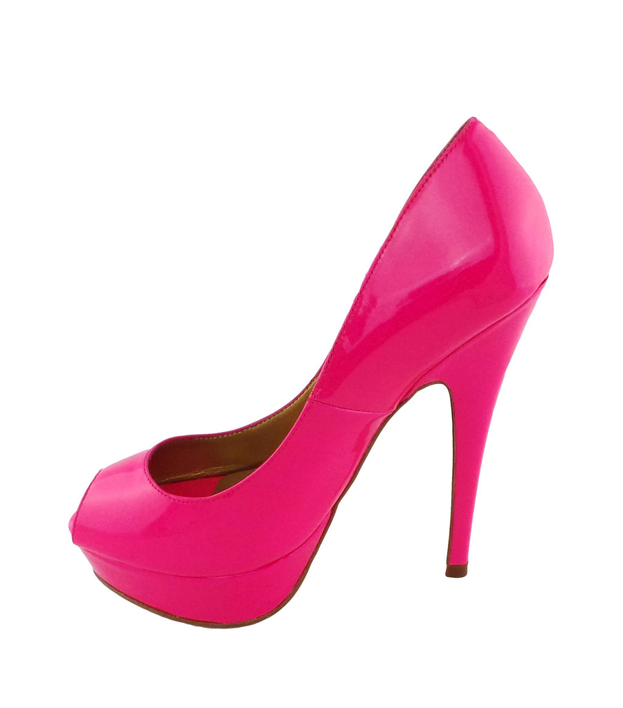 Benjamin Adams Anaheim fuchsia patent leather peep toe pumps. Featuring a sleek design, 5-inch heel, and vibrant color. Perfect for any special occasion!