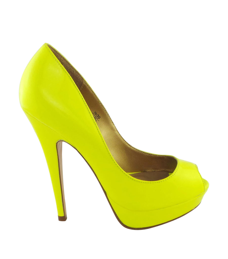 Benjamin Adams Anaheim lemon yellow patent leather peep toe pumps. Featuring a sleek design, 5-inch heel, and glossy finish. Perfect for any occasion