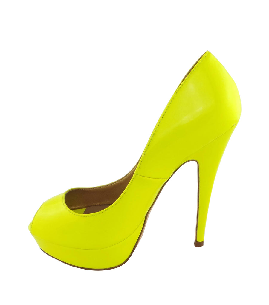 Benjamin Adams Anaheim lemon yellow patent leather peep toe pumps. Featuring a sleek design, 5-inch heel, and glossy finish. Perfect for any occasion