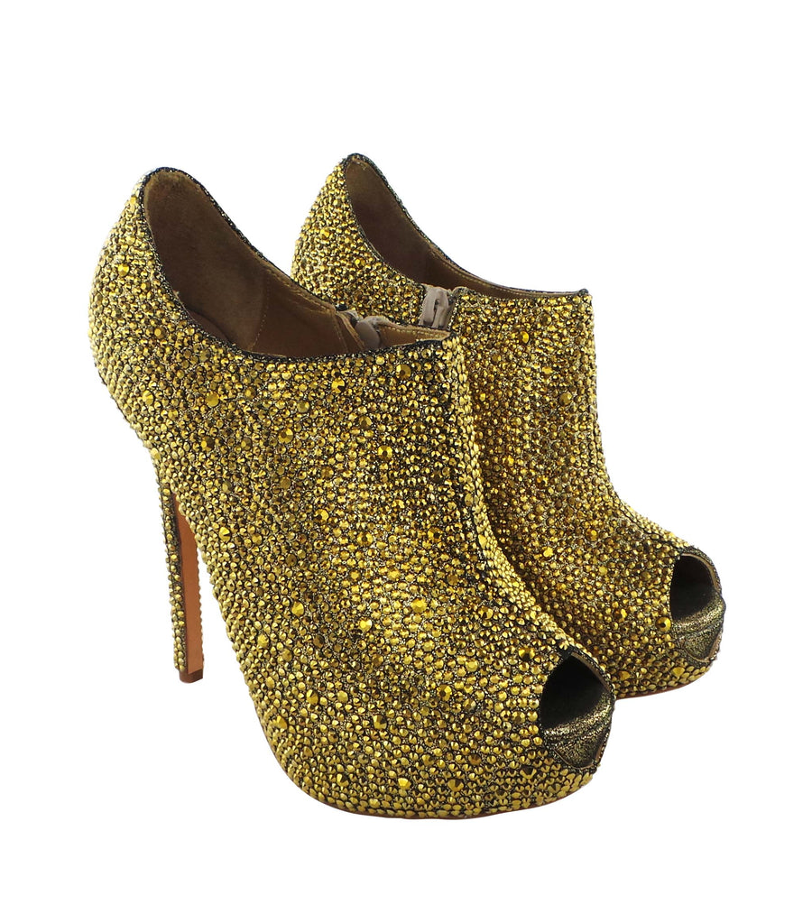 Benjamin Adams Las Vegas Jewel Encrusted Peep Toe Booties in gold. Perfect for weddings &amp; glamorous events.