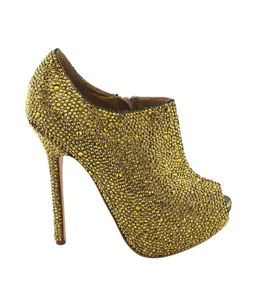 Benjamin Adams Las Vegas Jewel Encrusted Peep Toe Booties in gold. Perfect for weddings &amp; glamorous events.