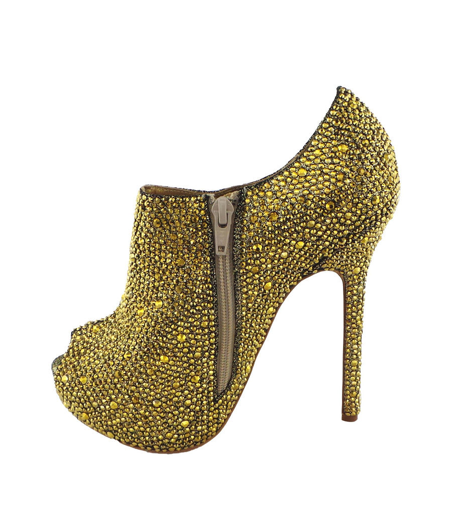 Benjamin Adams Las Vegas Jewel Encrusted Peep Toe Booties in gold. Perfect for weddings &amp; glamorous events.