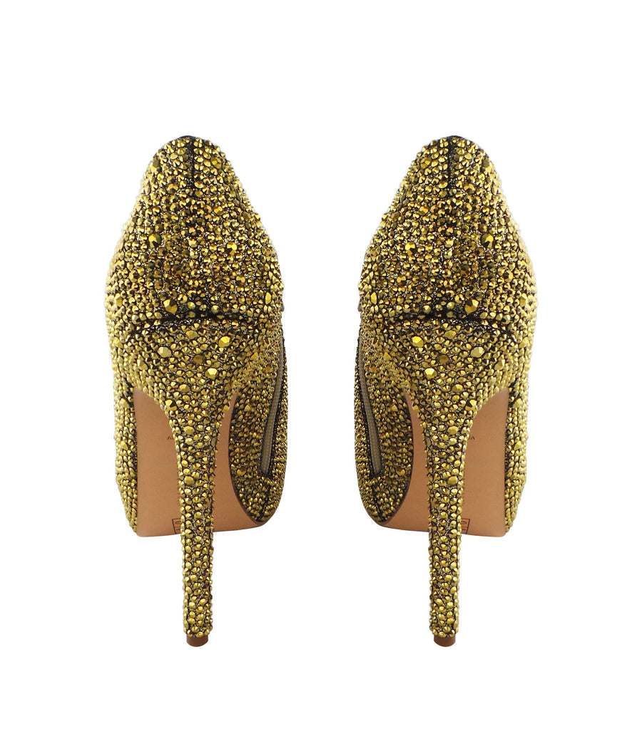 Benjamin Adams Las Vegas Jewel Encrusted Peep Toe Booties in gold. Perfect for weddings &amp; glamorous events.