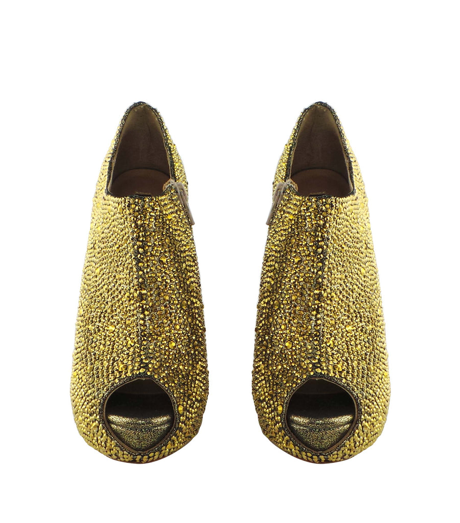 Benjamin Adams Las Vegas Jewel Encrusted Peep Toe Booties in gold. Perfect for weddings &amp; glamorous events.