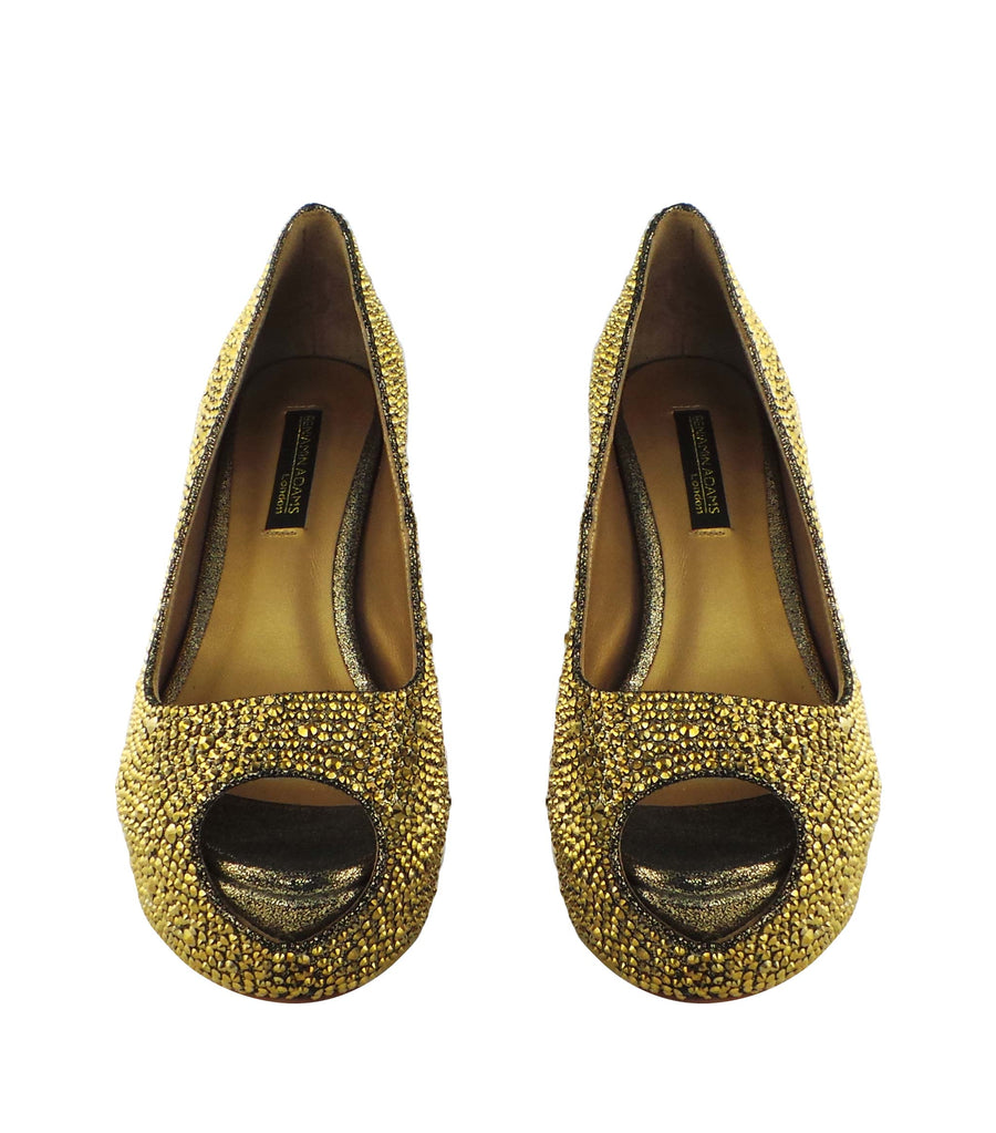 Benjamin Adams Miami Jewel Platforms in gold. Perfect for glam events &amp; special occasions.