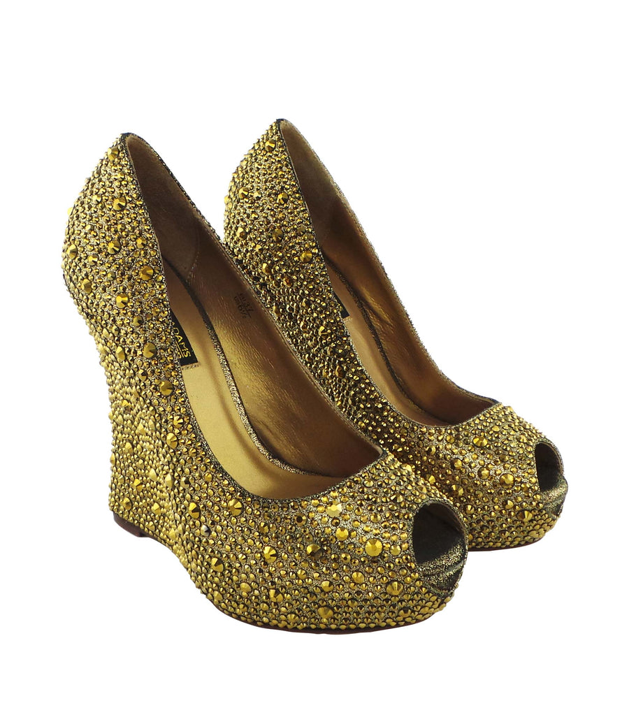 Benjamin Adams Cali Jewel Encrusted Peep Toe Wedges in gold. Perfect for weddings &amp; formal events.