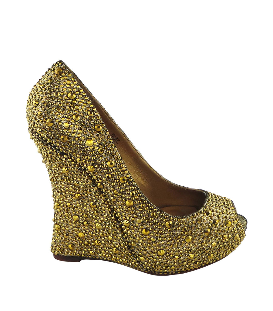 Benjamin Adams Cali Jewel Encrusted Peep Toe Wedges in gold. Perfect for weddings &amp; formal events.