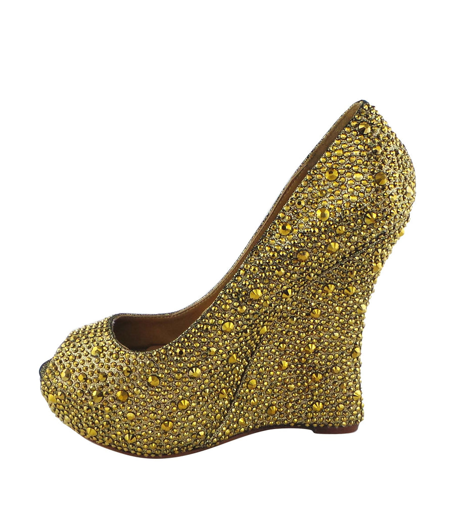 Benjamin Adams Cali Jewel Encrusted Peep Toe Wedges in gold. Perfect for weddings &amp; formal events.