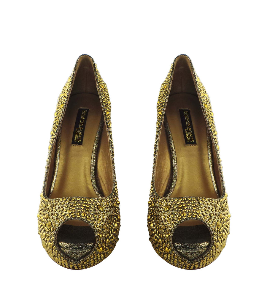 Benjamin Adams Cali Jewel Encrusted Peep Toe Wedges in gold. Perfect for weddings &amp; formal events.