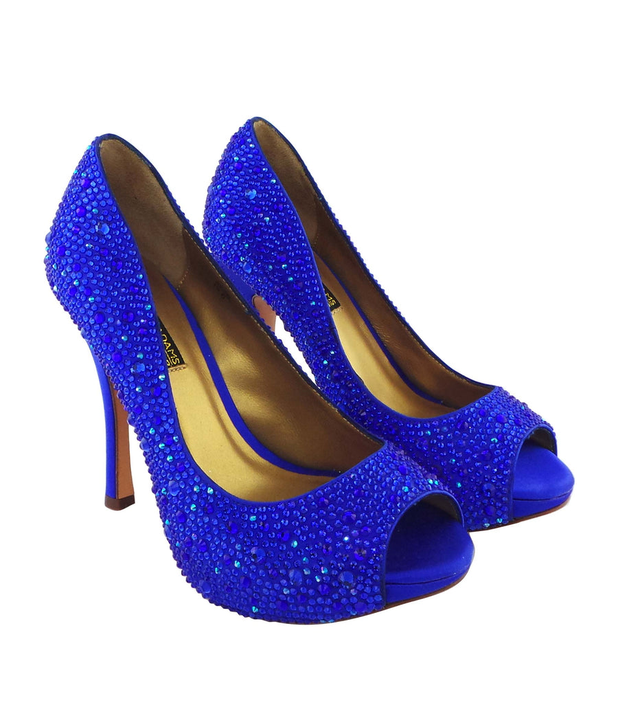 Benjamin Adams Athens blue jewel-encrusted peep toe pumps. Featuring stunning crystals, and a satin finish. Perfect for special occasions!