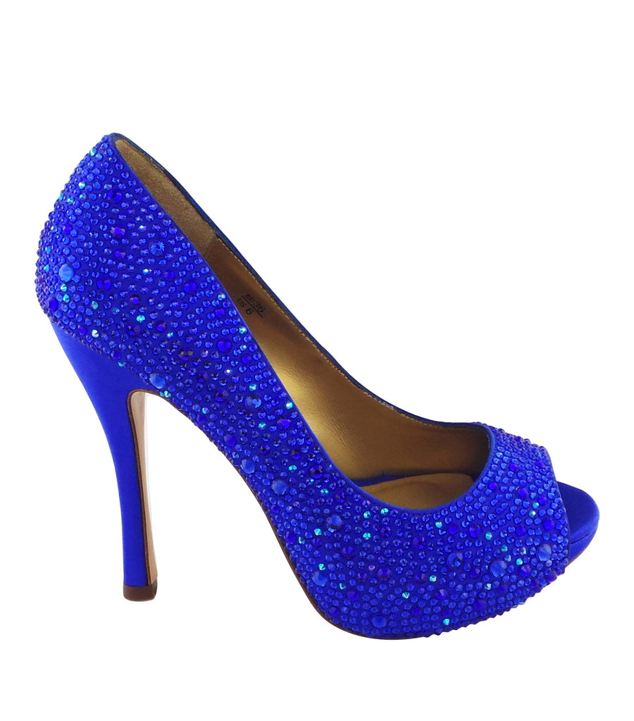 Benjamin Adams Athens blue jewel-encrusted peep toe pumps. Featuring stunning crystals, and a satin finish. Perfect for special occasions!