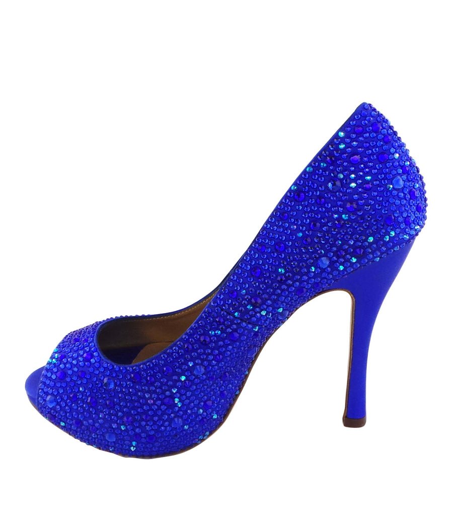 Benjamin Adams Athens blue jewel-encrusted peep toe pumps. Featuring stunning crystals, and a satin finish. Perfect for special occasions!