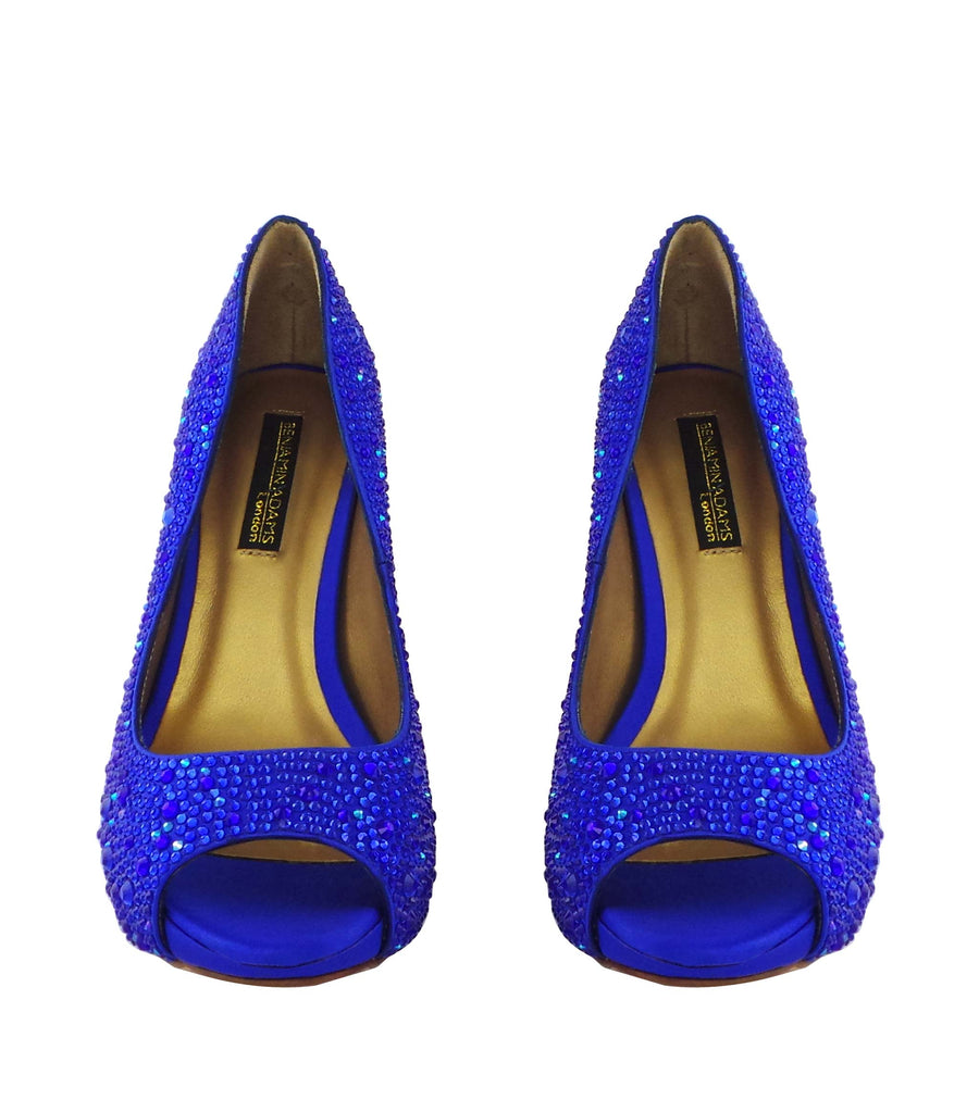 Benjamin Adams Athens blue jewel-encrusted peep toe pumps. Featuring stunning crystals, and a satin finish. Perfect for special occasions!