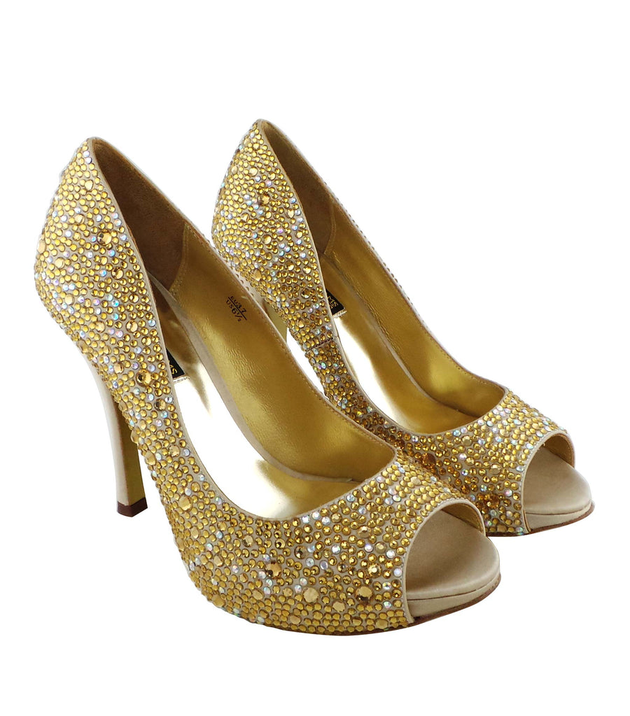 Benjamin Adams Athens champagne jewel-encrusted peep toe pumps. Featuring sparkling crystals, and a satin finish