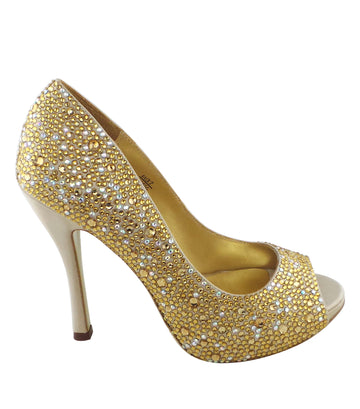 Benjamin Adams Athens champagne jewel-encrusted peep toe pumps. Featuring sparkling crystals, and a satin finish