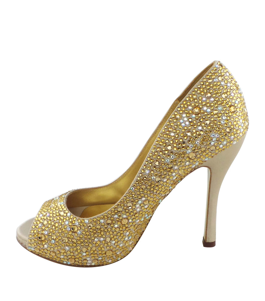 Benjamin Adams Athens champagne jewel-encrusted peep toe pumps. Featuring sparkling crystals, and a satin finish