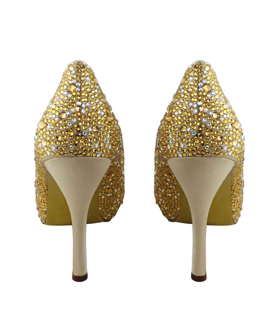 Benjamin Adams Athens champagne jewel-encrusted peep toe pumps. Featuring sparkling crystals, and a satin finish