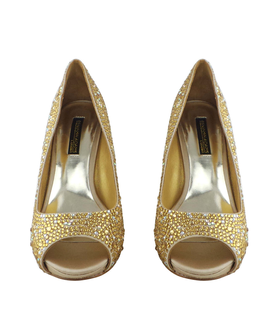 Benjamin Adams Athens champagne jewel-encrusted peep toe pumps. Featuring sparkling crystals, and a satin finish