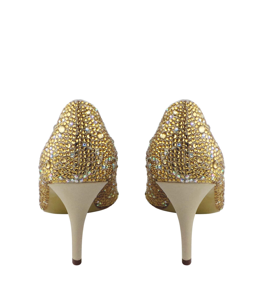 Champagne Benjamin Adams Oslo evening shoes are a toned down version of the vampy platform styles. The Oslo is a gorgeous peep toe pump with crystals encrusted all over. The moderate 3 1/4" heel gives you a bit of height while still preserving comfort.