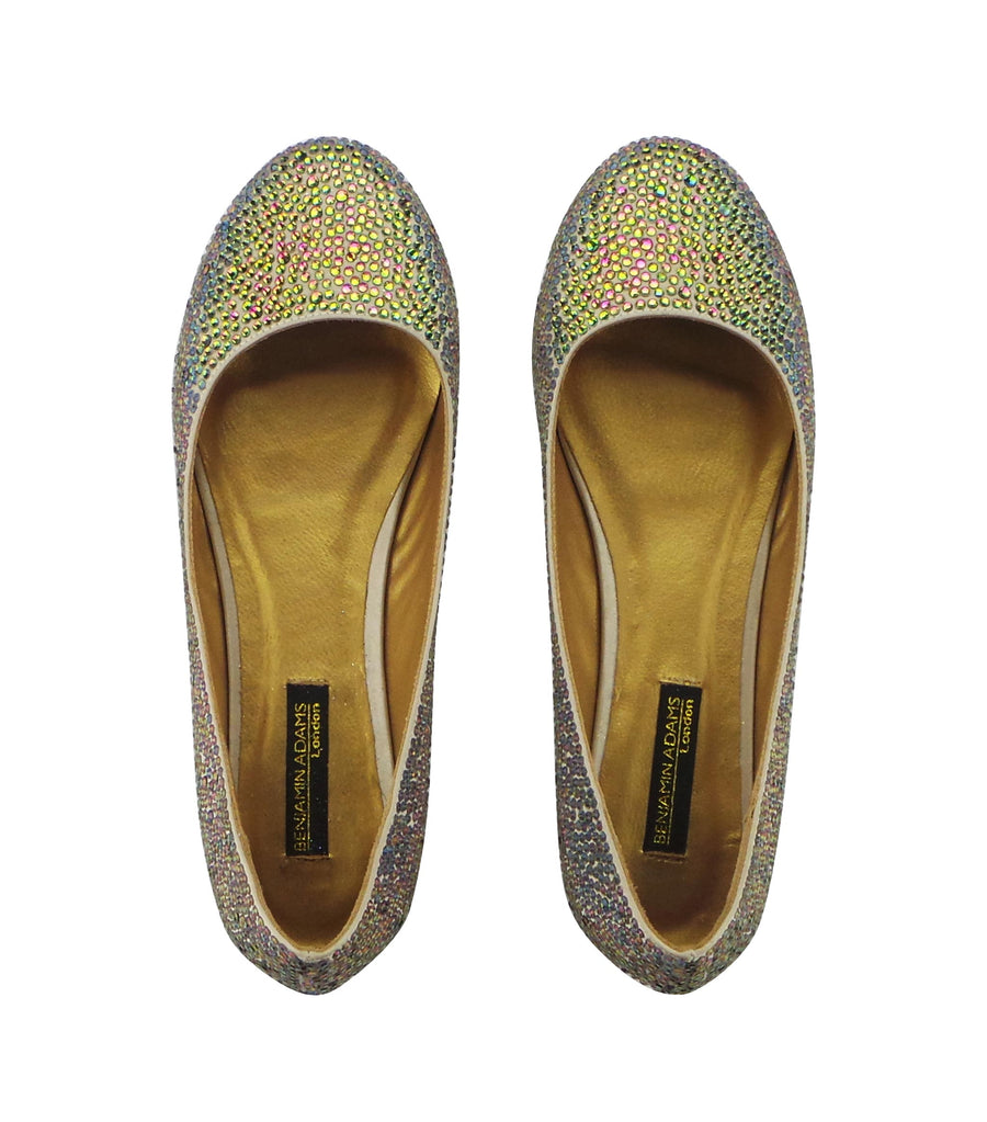 Benjamin Adams Memphis Jewel Ballerinas in gold with multi-color jewels. Perfect for chic &amp; vibrant looks.