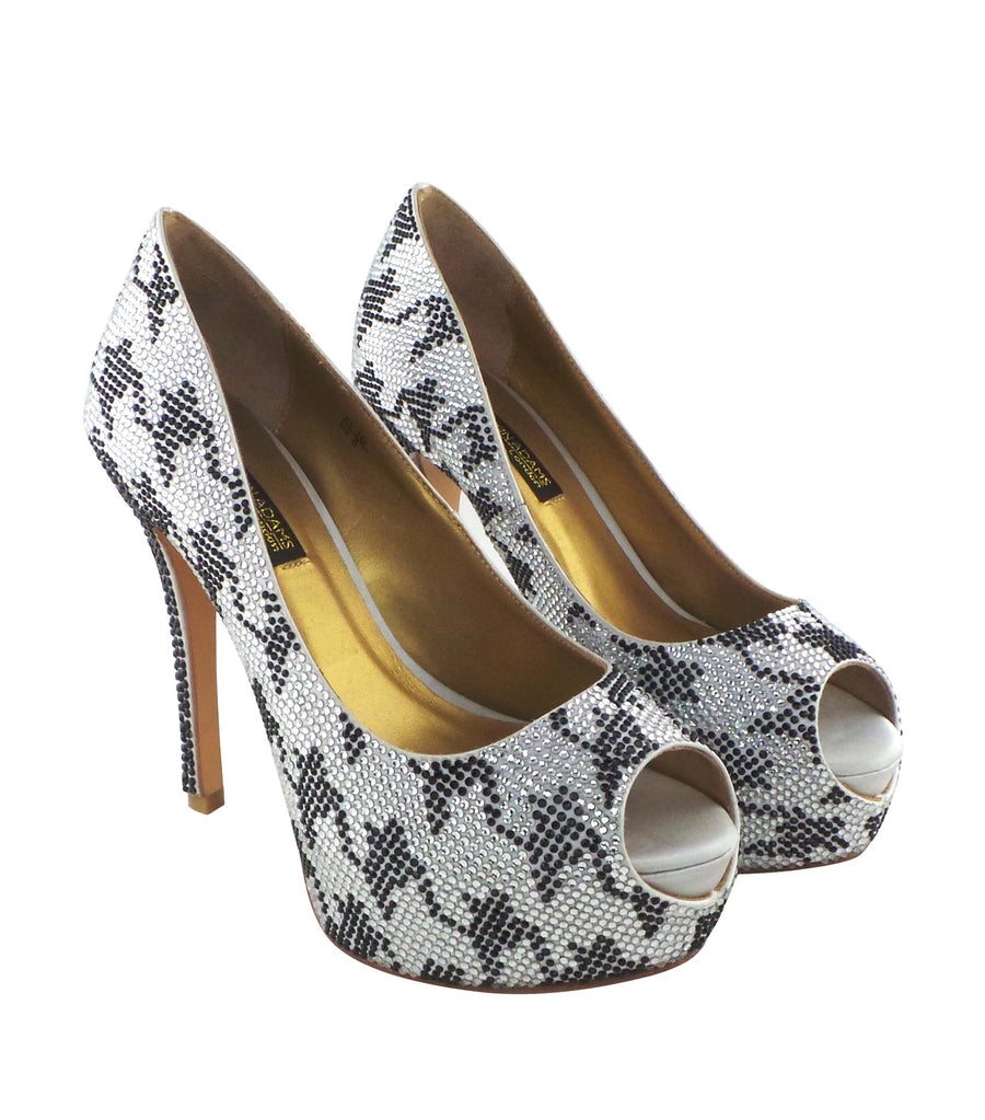 Benjamin Adams Miami Jewel Platforms in silver with black hounds tooth jewels. Perfect for glam events.