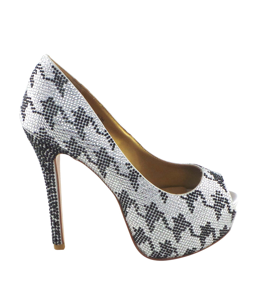 Benjamin Adams Miami Jewel Platforms in silver with black hounds tooth jewels. Perfect for glam events.