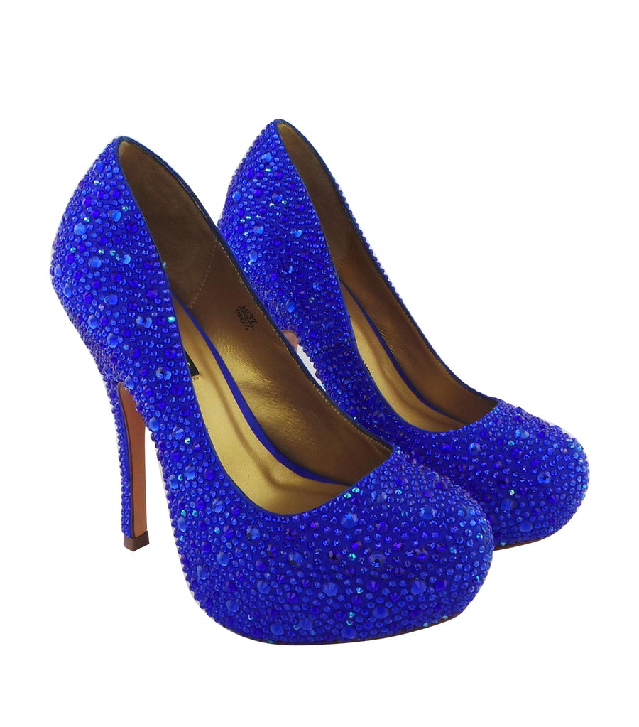 Step into luxury with the Benjamin Adams Rio Jewel Platforms in blue. Perfect for glam events &amp; special occasions.