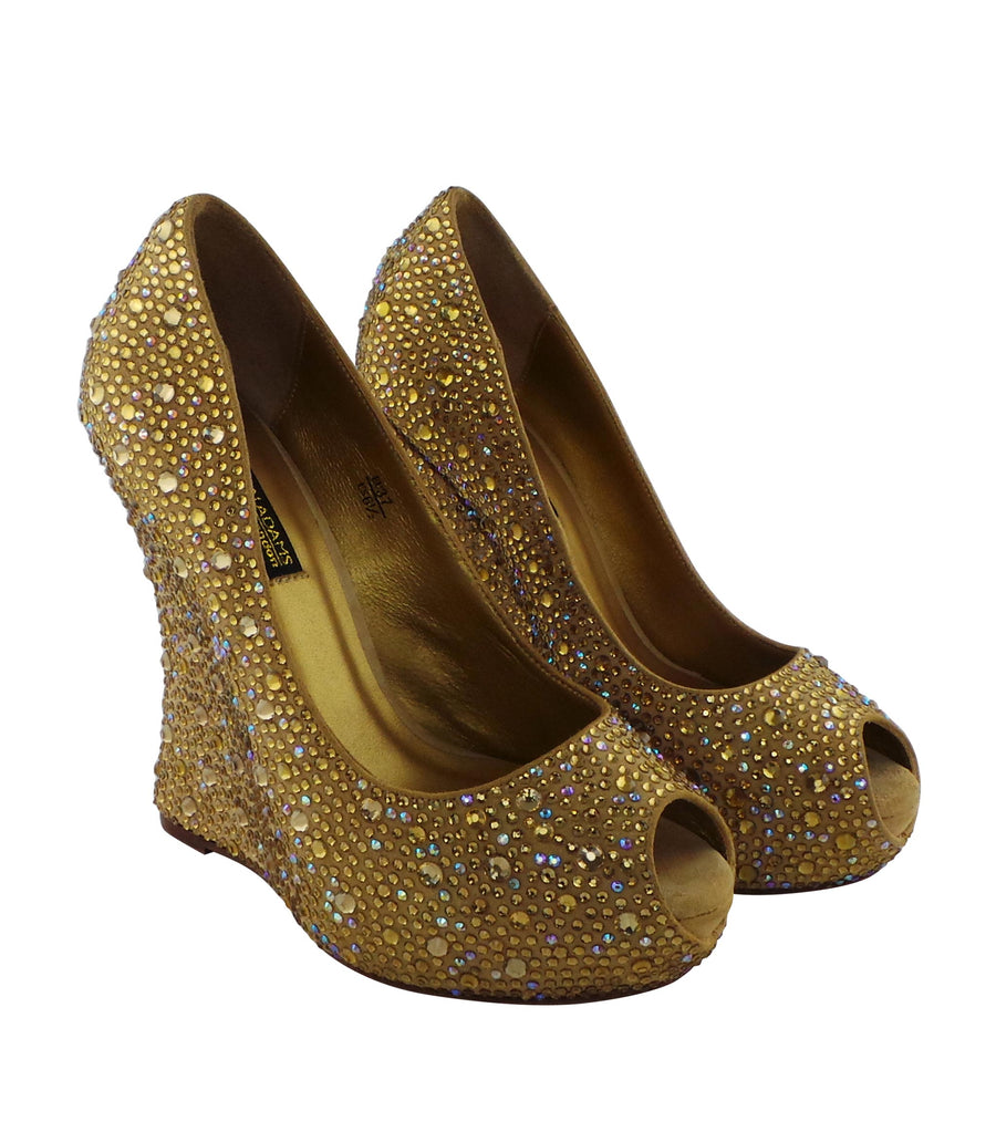 Benjamin Adams Cali Jewel Encrusted Peep Toe Wedges in gold topaz. Perfect for weddings &amp; formal events.