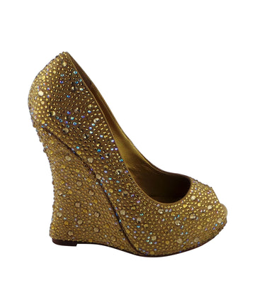 Benjamin Adams Cali Jewel Encrusted Peep Toe Wedges in gold topaz. Perfect for weddings &amp; formal events.