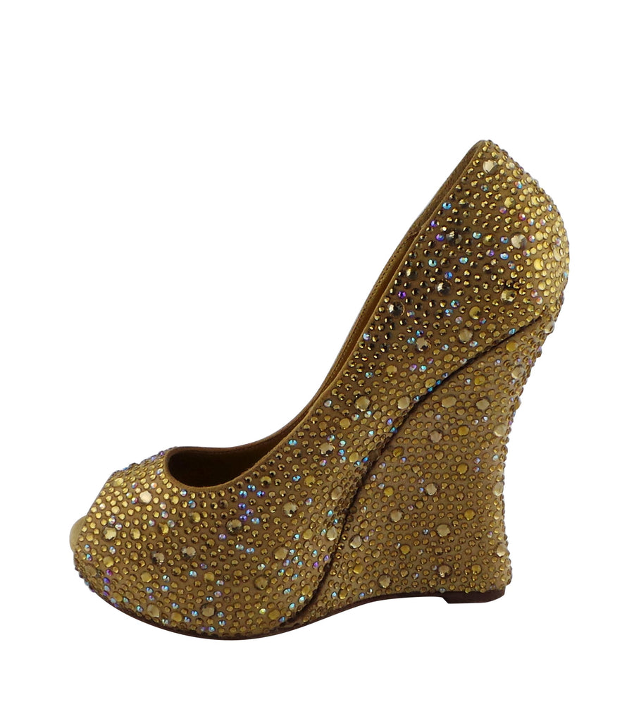 Benjamin Adams Cali Jewel Encrusted Peep Toe Wedges in gold topaz. Perfect for weddings &amp; formal events.