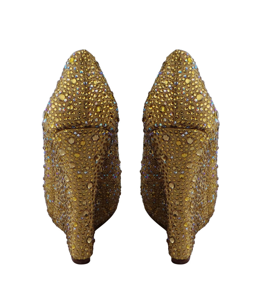 Benjamin Adams Cali Jewel Encrusted Peep Toe Wedges in gold topaz. Perfect for weddings &amp; formal events.