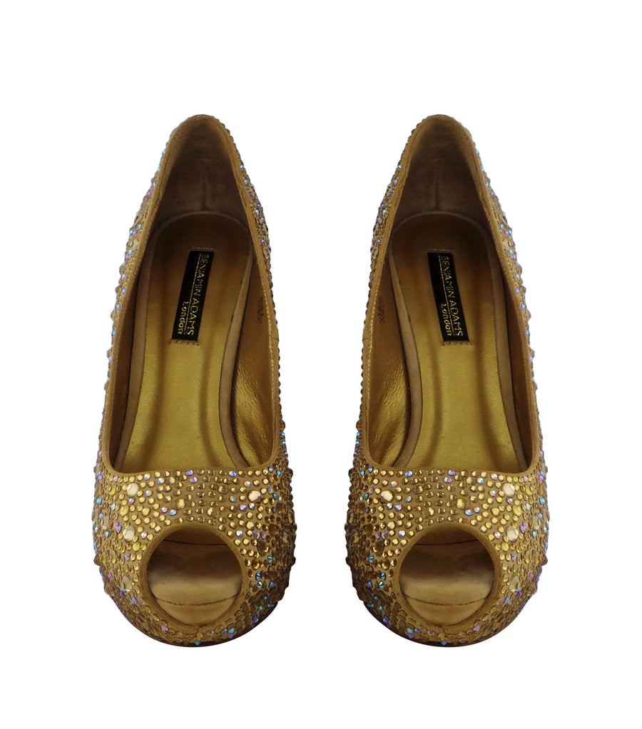 Benjamin Adams Cali Jewel Encrusted Peep Toe Wedges in gold topaz. Perfect for weddings &amp; formal events.