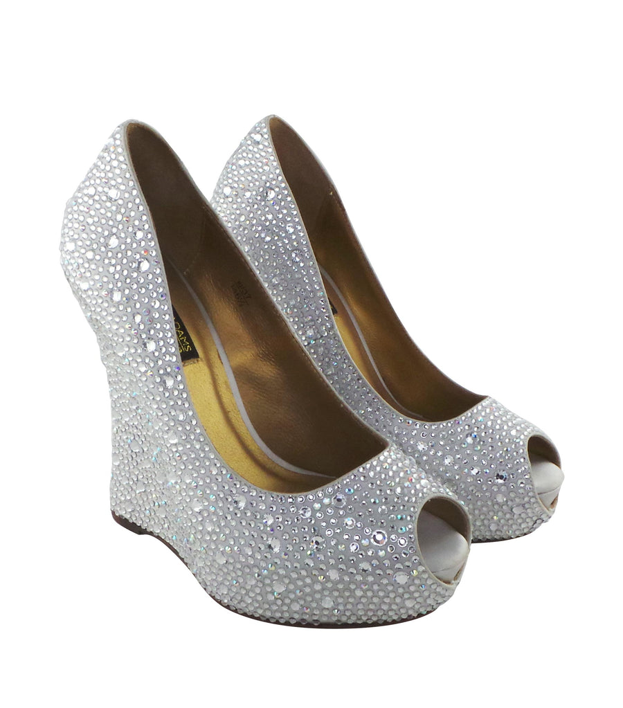 Benjamin Adams Cali Jewel Encrusted Peep Toe Wedges in silver. Perfect for weddings &amp; formal events.