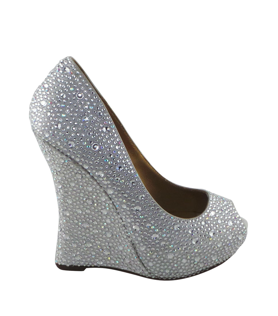 Benjamin Adams Cali Jewel Encrusted Peep Toe Wedges in silver. Perfect for weddings &amp; formal events.